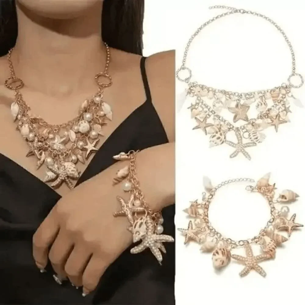 Chunky Golden Beach Starfish Concho Shell Pearl Necklace and Bracelet Set